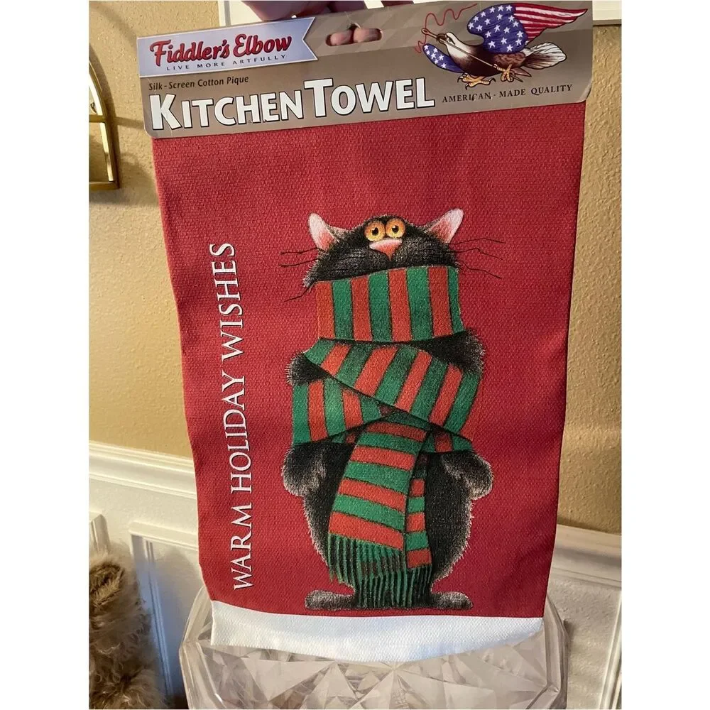 Fiddler's Elbow Red Holiday Kitchen Towel with Cat in Green & Red Scarf